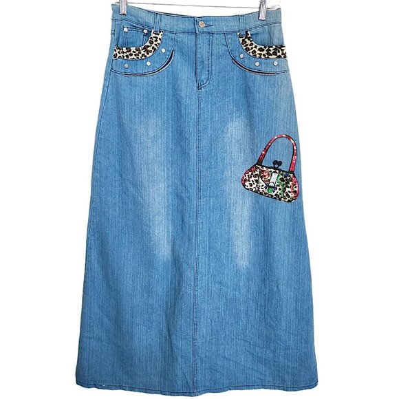 Vintage Y2K Denim Maxi‎ Skirt Appliqué Patchwork Purse Leopard Long Sz 30 - Picture 1 of 15